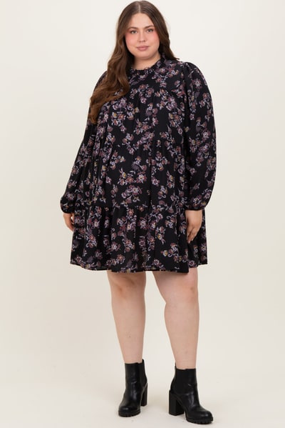 PinkBlush Black Floral Tiered Long Sleeve Plus Maternity Dress