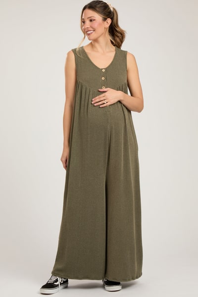 PinkBlush Olive Ribbed Sleeveless Button Front Maternity Jumpsuit