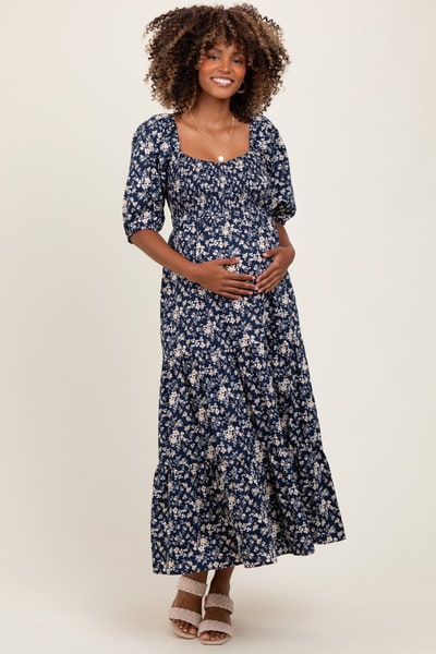 PinkBlush Blue Floral Smocked Puff Sleeve Maternity Maxi Dress