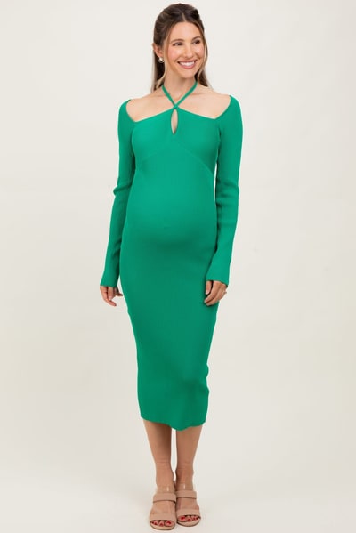 PinkBlush Green Cutout Cross-Strap Knit Maternity Midi Dress