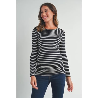 Target Hello Miz Women's Long Sleeve Side Ruched Striped Maternity T-Shirt - Black - Medium