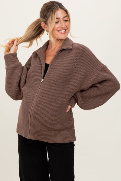 PinkBlush Light Mocha Oversized Zip Up Maternity Cardigan