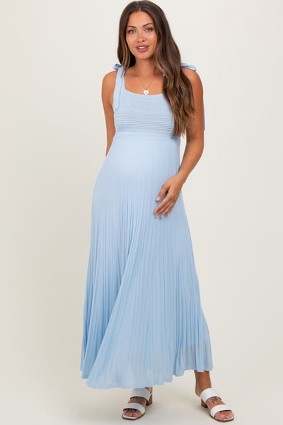 PinkBlush Light Blue Textured Knit Shoulder Tie Maternity Midi Dress