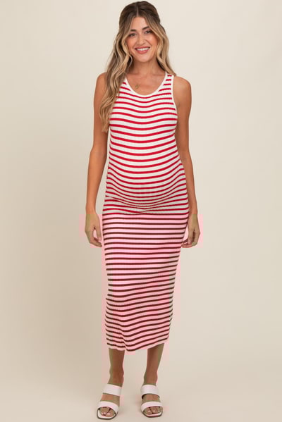 PinkBlush Red Sleeveless Round Neck Striped Rib Sweater Maternity Midi Dress