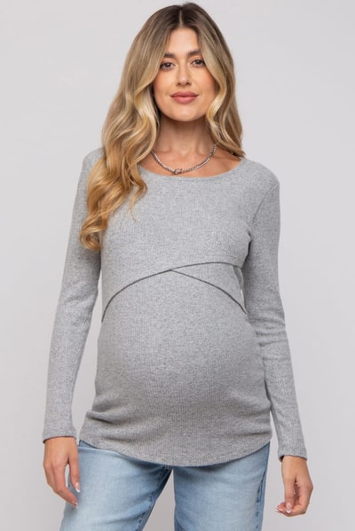 PinkBlush Heather Grey Ribbed Crossover Maternity/Nursing Top