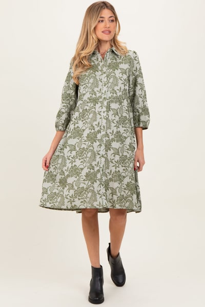PinkBlush Olive Floral Button Down 3/4 Sleeve Maternity Midi Dress