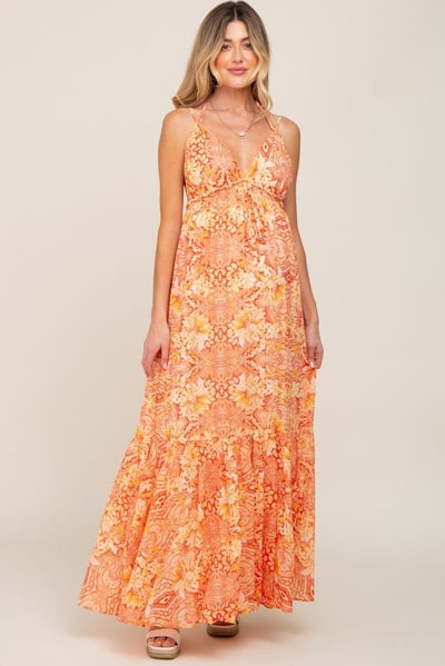 PinkBlush Orange Printed Halter Maternity Dress