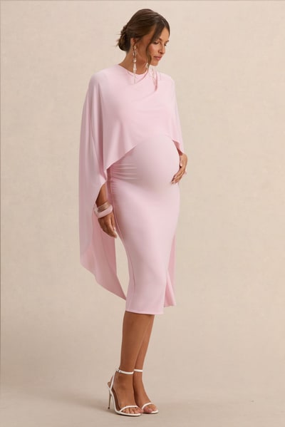 Club L London Arwen | Light Pink Round-Neck Maternity Midi Dress With Cape Detail