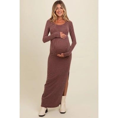 Target Pinkblush Burgundy Ribbed Long Sleeve Side Slit Maternity Maxi Dress Small