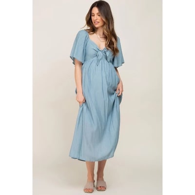 Target Pinkblush Blue Front Tie Ruffle Sleeve Maternity Midi Dress Small