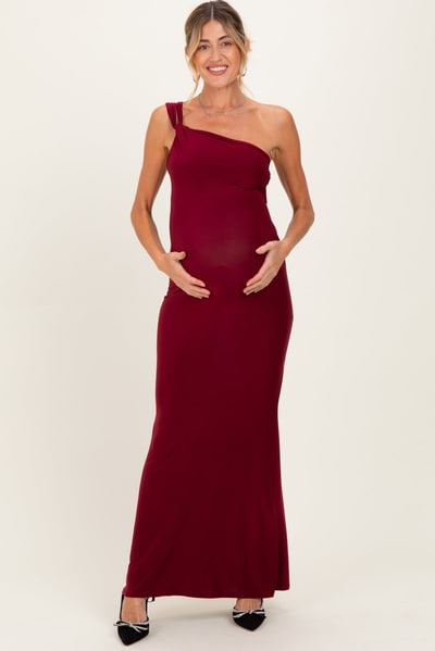 PinkBlush Burgundy Double Strap One Shoulder Maternity Maxi Dress