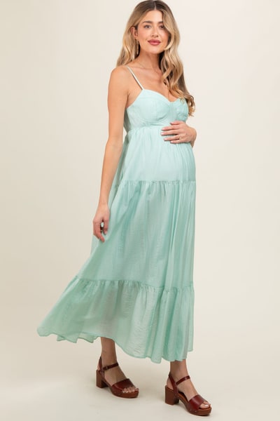 PinkBlush Mint Green Sleeveless Tiered Maternity Maxi Dress