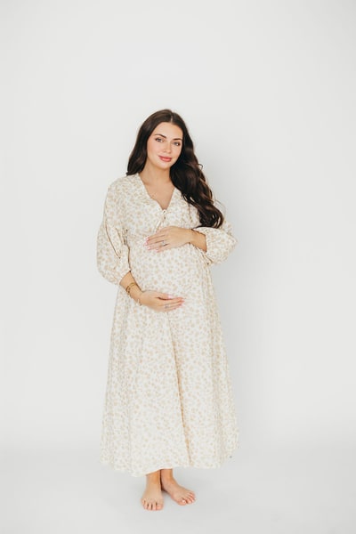 Worth Collective Hunter 100% Cotton Gauze Midi Dress in Natural/Fawn Floral - Bump Friendly