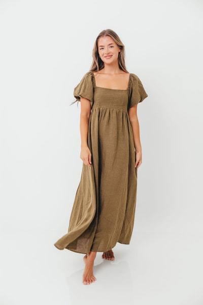 Worth Collective Candace Woven Linen Maxi Dress in Dark Olive - Bump Friendly