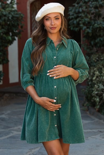 PinkBlush Green Corduroy Button Down Collared Maternity Dress