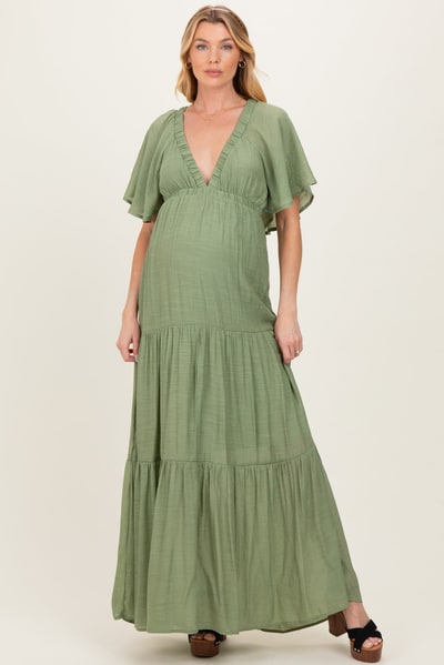 PinkBlush Light Olive Flutter Sleeve Maternity Maxi Dress