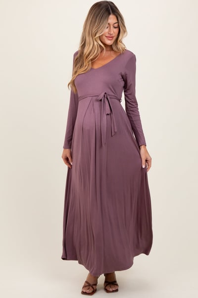 PinkBlush Mauve V-Neck Long Sleeve Sash Tie Maternity Maxi Dress
