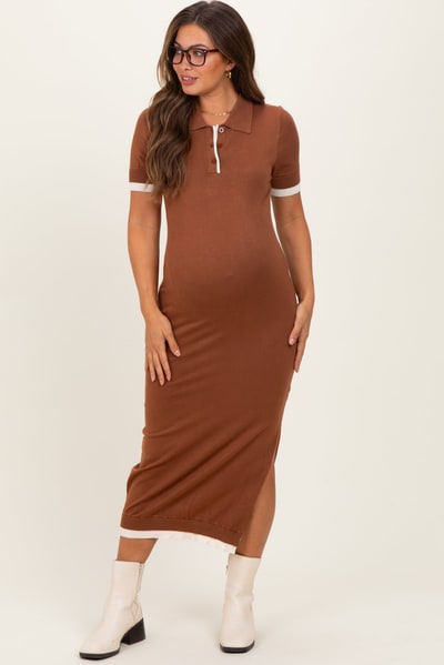 PinkBlush Camel Sweater Side Slit Maternity Midi Dress