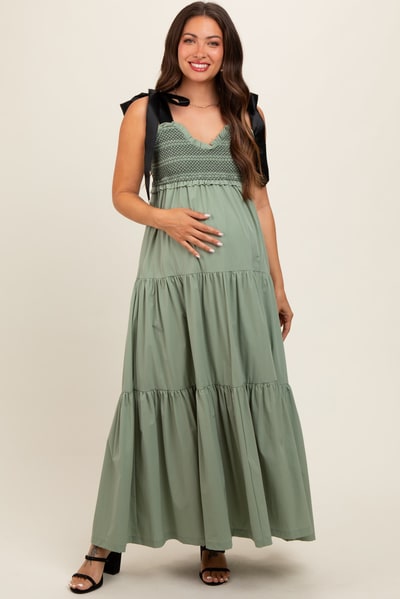 PinkBlush Olive Sweetheart Neck Smocked Embroidered Ribbon Shoulder Tie Maternity Midi Dress