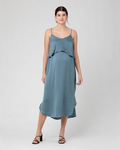 Ripe Maternity Crushed Satin Nursing Dress  Dusty Blue