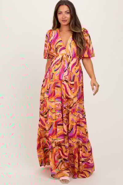PinkBlush Magenta Brushstroke Print Tiered Maternity Maxi Dress