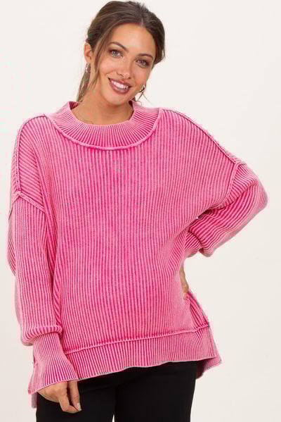 PinkBlush Hot Pink Washed Side Slit Oversized Maternity Sweater