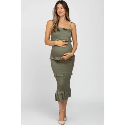 Target Pinkblush Olive Satin Smocked Fitted Maternity Midi Dress Small