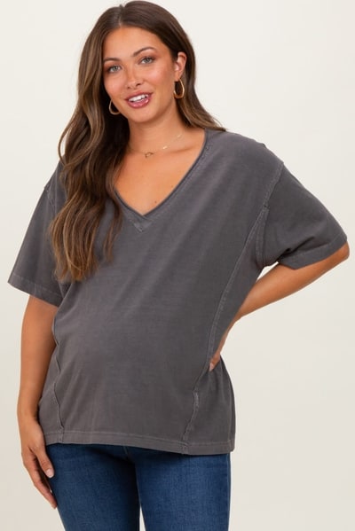 PinkBlush Charcoal Raw Edge V-Neck Short Sleeve Maternity T-Shirt