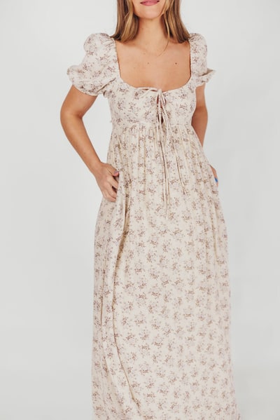 Worth Collective Haven 100% Cotton Tie-Front Maxi Dress in Blue/Brown Floral - Bump Friendly