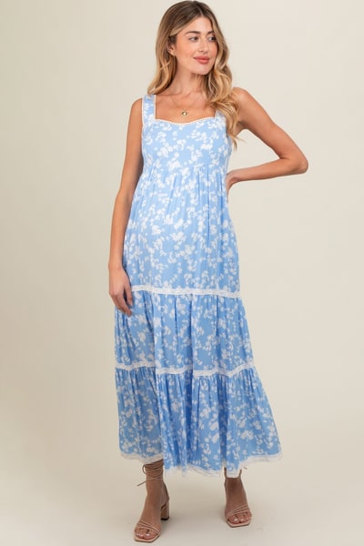 PinkBlush Light Blue Floral Lace Trim Tiered Maternity Maxi Dress