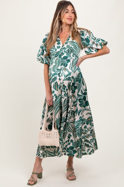 PinkBlush Green Palm Resort Print Satin Floral Button Maternity Maxi Dress