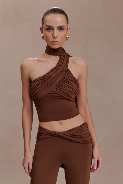 MESHKI Lydia Slinky Asymmetrical Halter Top - Chocolate