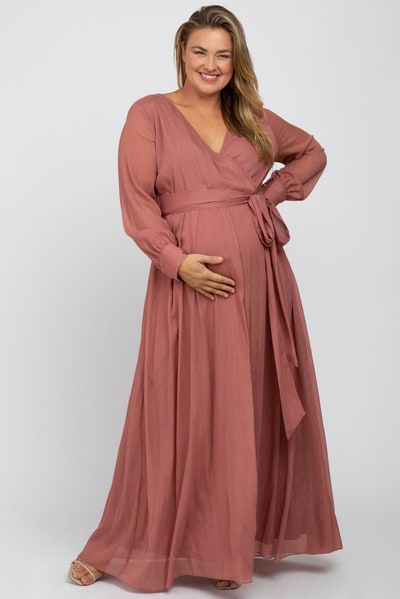 PinkBlush Pink Metallic Chiffon Maternity Plus Maxi Dress