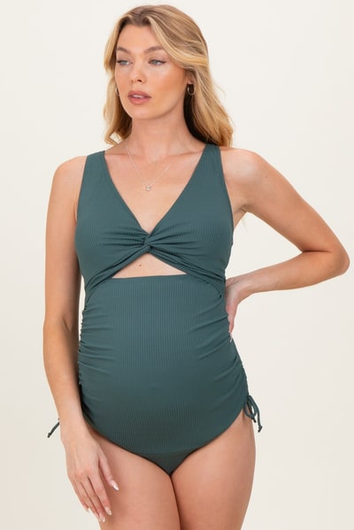 PinkBlush Forest Green Twist Front Cutout Maternity One Piece Swimsuit