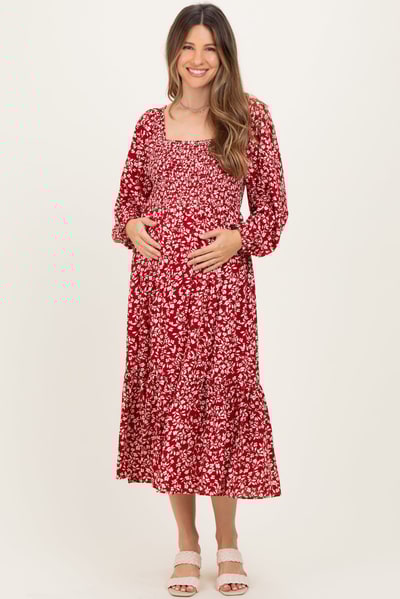 PinkBlush Red Floral Square Neck Maternity Maxi Dress