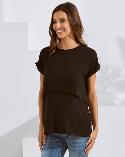 Angel Maternity Everyday Nursing Tee with Discreet Front Panel Access In Black