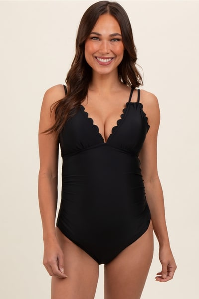 PinkBlush Black Scalloped V-Neck Back Tie Cutout Maternity One Piece Swimsuit