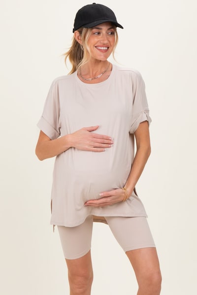 PinkBlush Sand Beige Hi-Low Short Sleeve Tee Biker Short Maternity Set