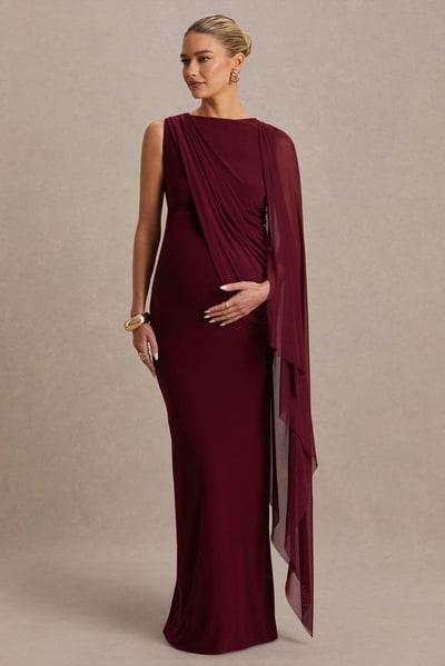 Club L London Cristina | Burgundy Slashed-Neck Maternity Maxi Dress With Cape-Sleeve