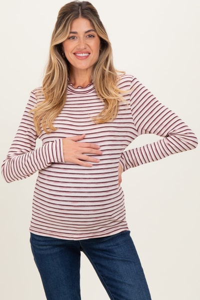 PinkBlush Burgundy Striped Ribbed Mock Neck Ruffle Hem Maternity Top