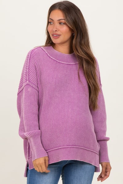 PinkBlush Violet Washed Side Slit Oversized Maternity Sweater