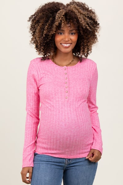 PinkBlush Fuchsia Ribbed Knit Button Long Sleeve Maternity Top