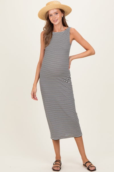 PinkBlush Black Striped Boat Neck Sleeveless Maternity Midi Dress