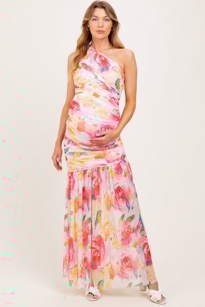 PinkBlush Pink Floral Ruched Mesh One Shoulder Maternity Maxi Dress