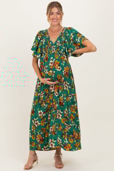 PinkBlush Hunter Green Fall Floral Short Sleeve V-Neck Maternity Maxi Dress