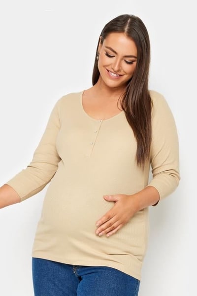 Yours Clothing BUMP IT UP MATERNITY Beige Brown Ribbed Popper Fastening Top