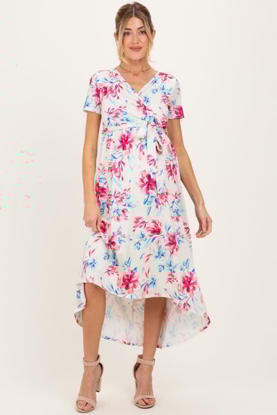 PinkBlush Taupe Floral Print Short Sleeve Hi-Low Maternity Wrap Dress