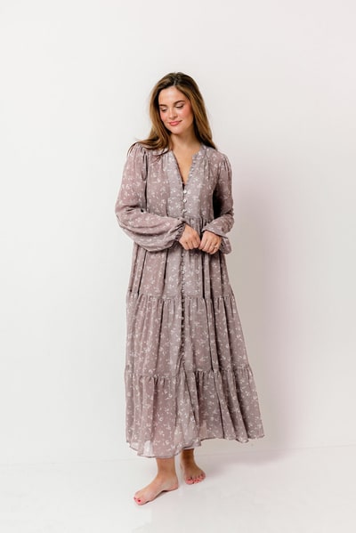Worth Collective Anna Floral Print Button Front Duster Maxi W/Slip in Mocha Multi - Bump Friendly