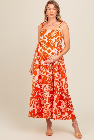 PinkBlush Orange Tropical Floral Shoulder Tie Tiered Maternity Midi Dress