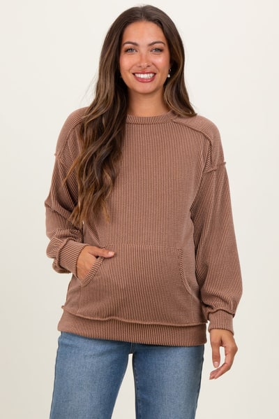 PinkBlush Mocha Ribbed Knit Front Pocket Maternity Pullover